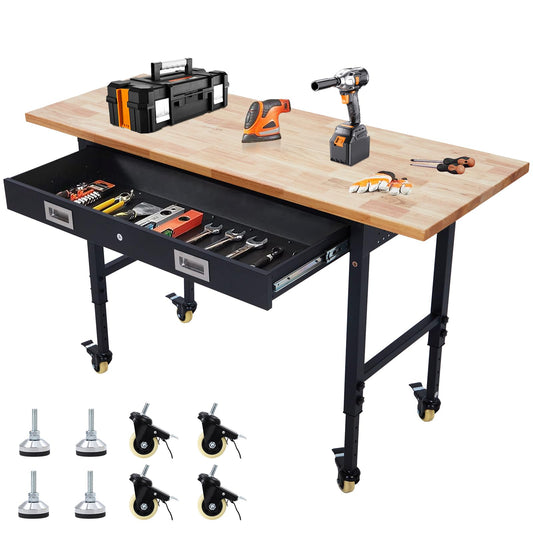 EliteEdge 60" Adjustable Work Bench, Heavy Duty Steel Frame Workbench with Storage Drawer, Wheels, 2000 Lbs Load Capacity, Rubberwood Top Work Table for Garage, Workshop, Black