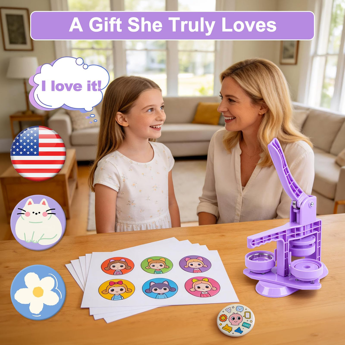 Happizza Button Maker Machine 58mm/2.25in, Pin Maker Machine Kit with 30 Buton Parts, DlY Badge Maker, Purple Button Press Machine, Perfect Beginner Experience Kit, Ideal for School, Parties, Events