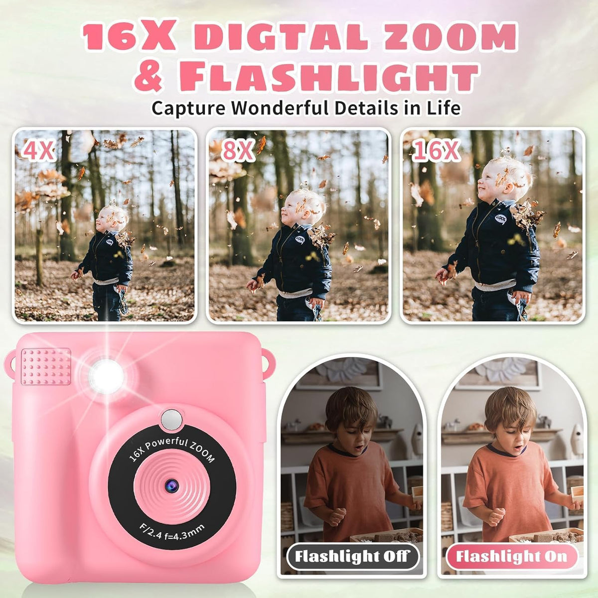 WEEFUN 16X 32G 2.4Screen 4 5 6 7 8 9 10 Kids Camera Instant Print, Safe Toddler Camera, HD Digital Cameras Digital Zoom
