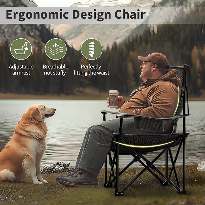 Heavy Duty Folding Chair 500LB Capacity, Oversized Camping Chairs with Cup Holder, Cooler Bag & Storage Pouch, Double-Layer Fabric, Outdoor Chairs for Sports, Lawn Chairs (2, Black Grey, Extra Large)