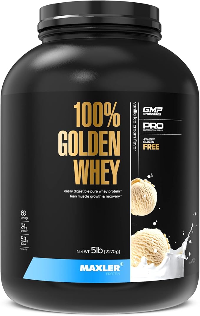 Maxler 100% Golden Whey Protein - 24g of Protein per Serving - Premium Whey Protein Powder for Pre Post Workout - Fast-Absorbing Whey Concentrate, Isolate & Hydrolysate Blend - Vanilla Ice Cream 5 lb