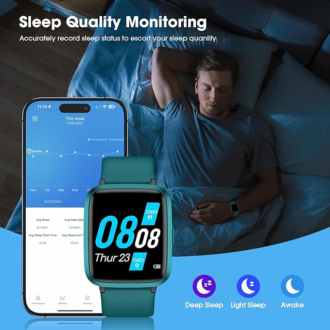 Fitness Tracker, Fitness Watch with Blood Oxygen, Blood Pressure & Heart Rate Monitor, Steps Calories Counter, Sleep Monitor, Pedometer 50 Meters Waterproof, Smart Watch for Android iPhones