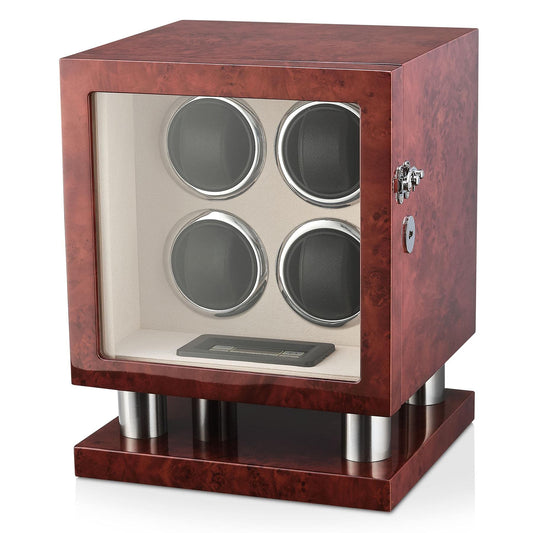 Watch Winder for 4 Watches with LED Backlight, LCD Display and Motor-Stop Option (Dark Burl)