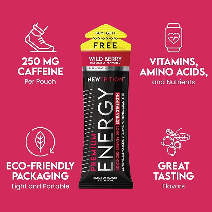 NewTrition® Extra Strength Energy Shots, 250mg Caffeine Energy Shots with Vitamin B & Amino Acids, Sugar-Free Vitamin Energy Shot, 1.7 fl oz (Pack of 6, Wild Berry)