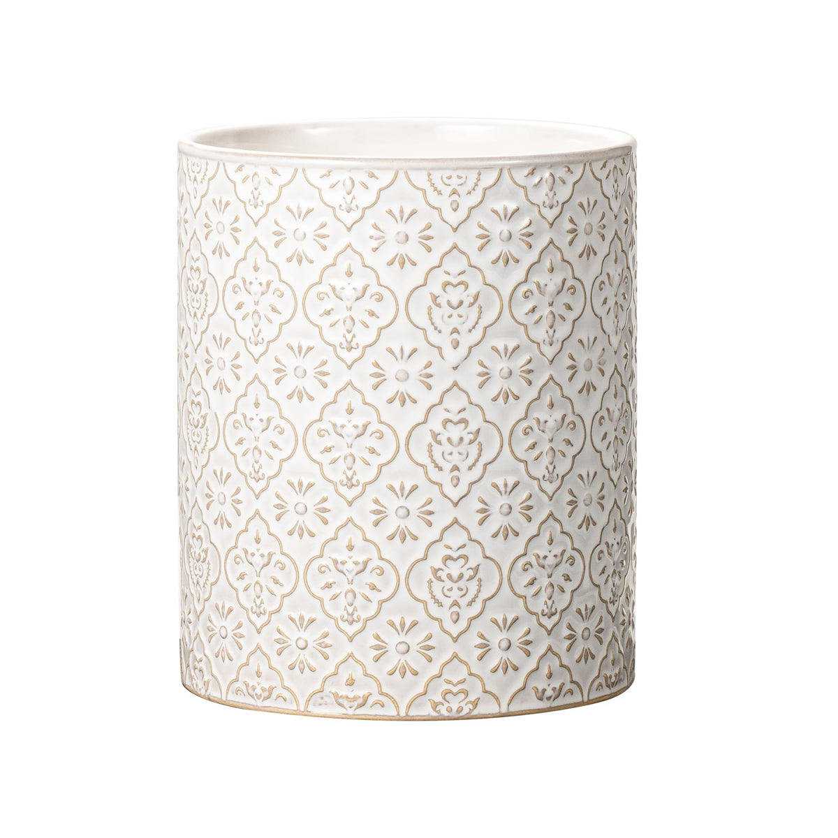 MIKIGEY Kitchen Utensil Holder, 6x7 inch Large Ceramic Utensil Holder with Embossed Pattern, Cooking Utensil Crocks for Kitchen Countertop, Home Decor, Off-White