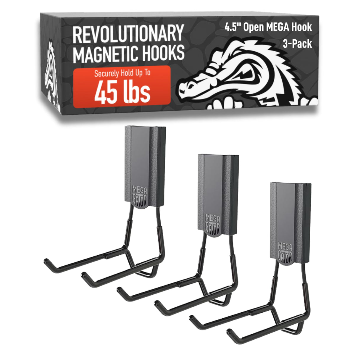 GATOR MAGNETICS MEGA 4.5 in Open Hooks, 45 lb Heavy Duty Magnetic Hooks for Steel Surfaces, Patented Easy-Release, Non-Slip Grip – Storage & Organization, Garage, Home Tools & Gear Storage – 3 Pack