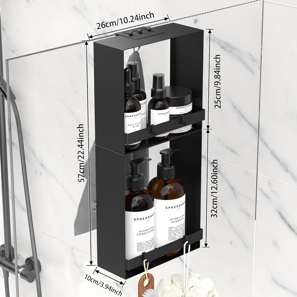 Skiennix Over The Glass Shower Caddy - 2-Tier Rustproof Stainless Steel Organizer with Hooks & Suction Cups | Black