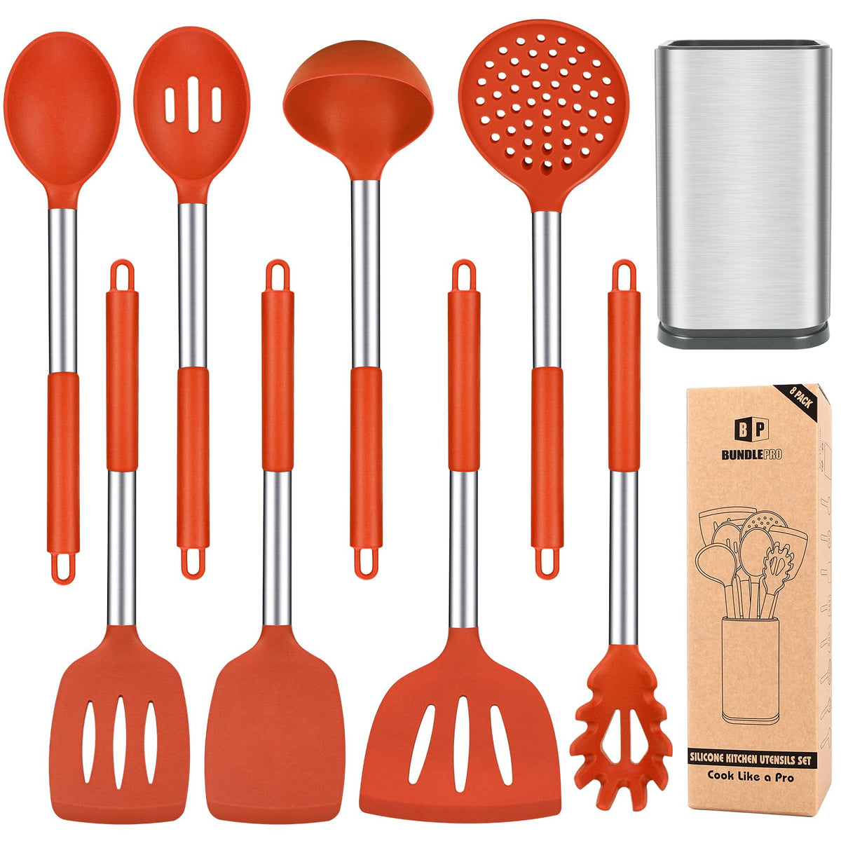 Silicone Cooking Utensil Set, 8Pcs Non-stick Cookware with Stainless Steel Handle, BPA Free Heat Resistant Kitchen Tools with Spatulas, Turners, Spoons, Skimmer and Pasta Fork (RED)