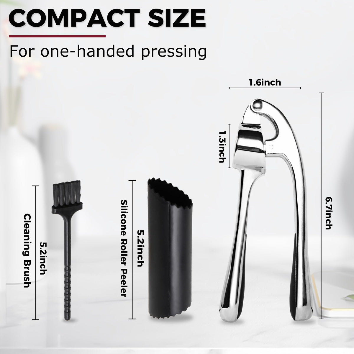 Kitessensu High Effective Premium Garlic Press Set, With Silicone Garlic Peeler & Brush, Heavy Duty Garlic Mincer, Easy to Squeeze and Clean, Rust Proof - Gloss Silver