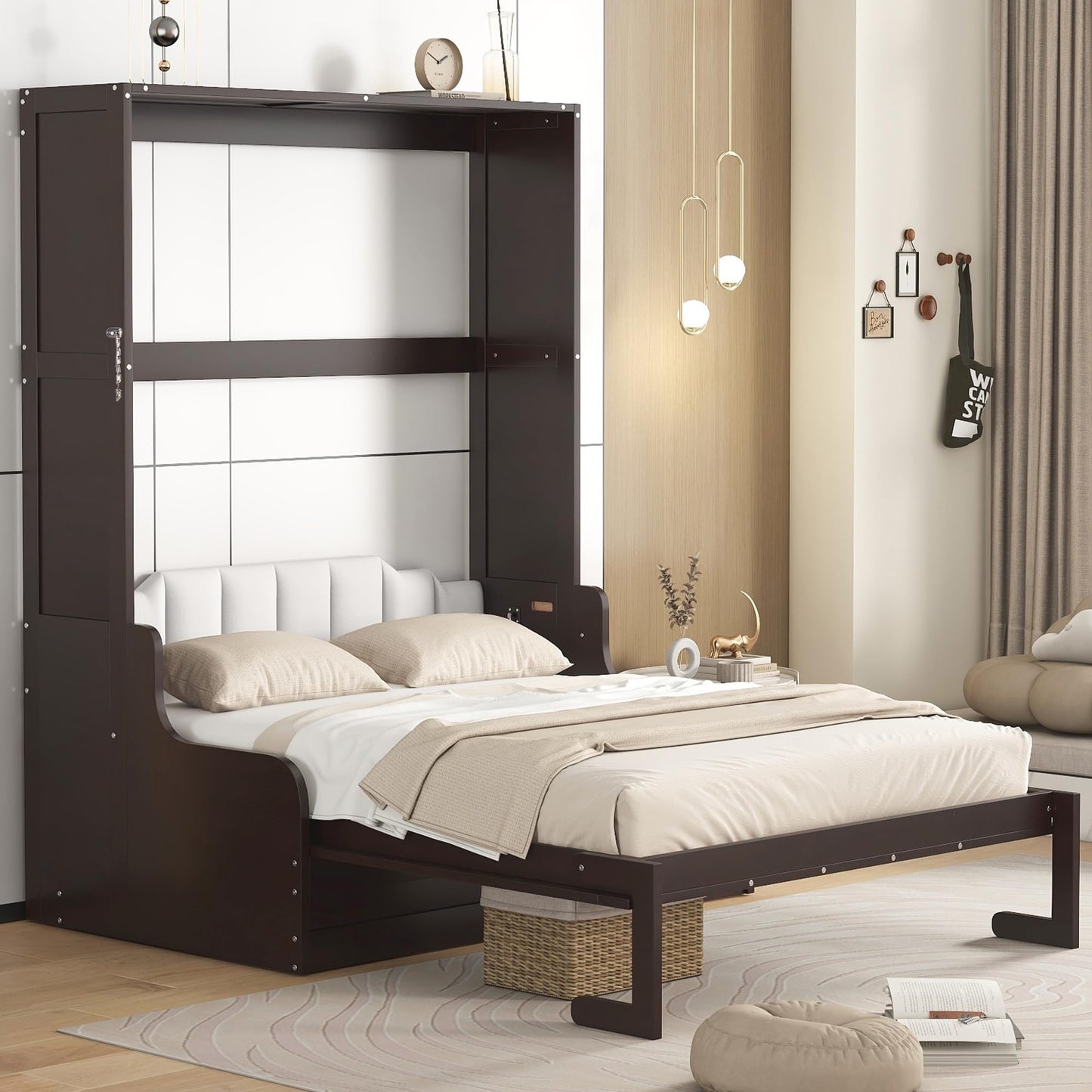 Ball & Cast Murphy Bed Queen Size Wall Bed with Sofa,Wood Murphy Bed,Platform Bedfram Chest can be Folded,Hideaway Cabinet w/Cushion,Space-Saving Furniture for Study,Office,Espresso