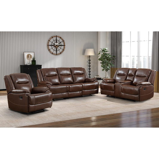 EBELLO Genuine Leather Manual Recliner Sofa Set, 1 Seat Reclining Chair, a Loveseat, a 3 Seater Sofa with Storage Cup Holders, Modern Durable Home Furniture Set for Living Room, Vintage Brown
