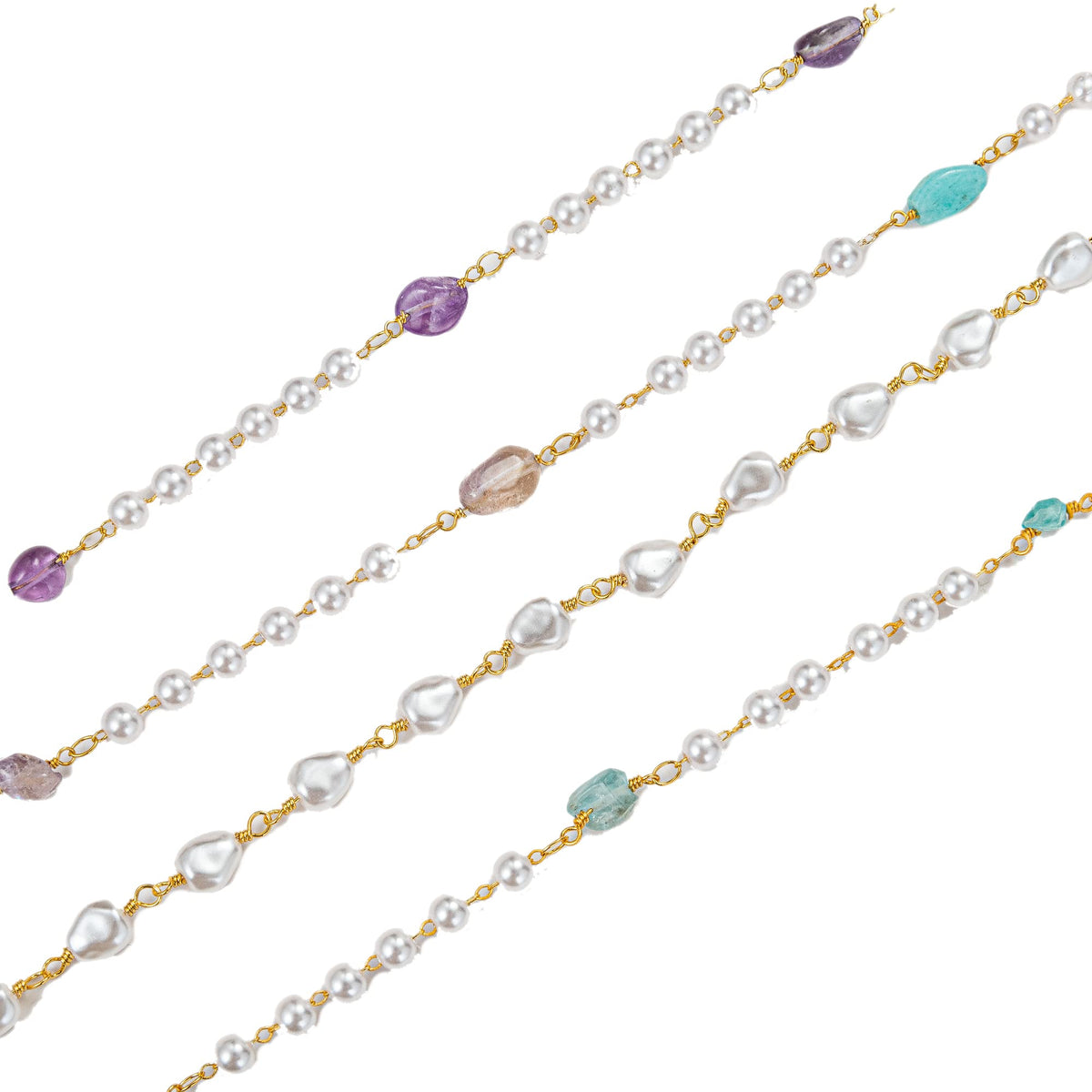 YoungJewl 2 Yards 5 mm Faux Pearl Crystal Stone Rosary Beads Garland with Brass Chain for Jewelry Making DIY Bracelet Necklace Sewing Crafts(Purple)