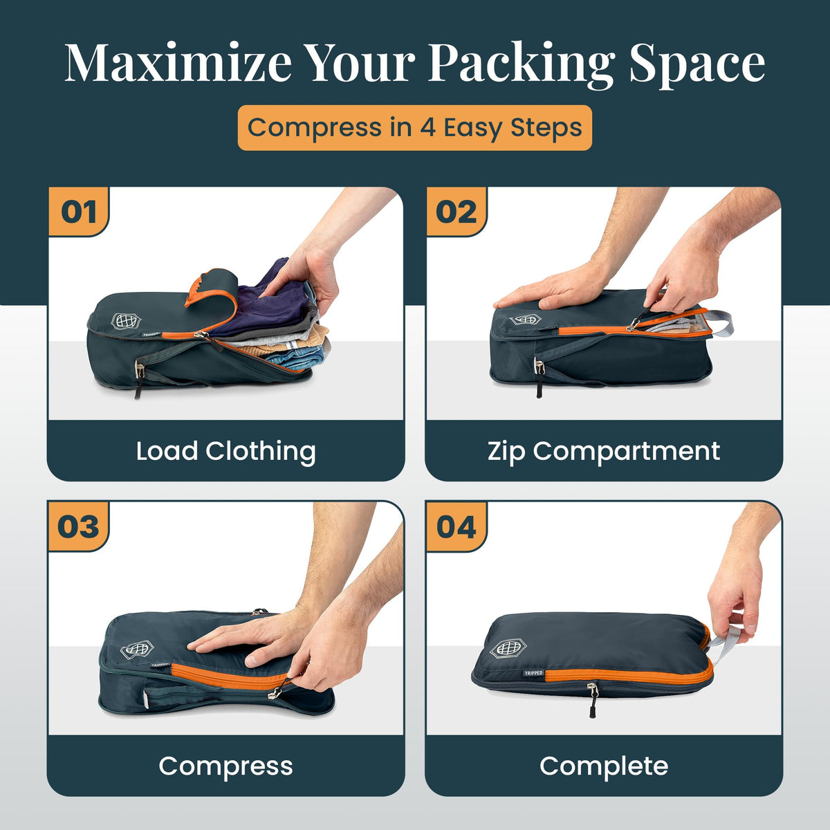 Compression Packing Cubes for Travel – 6 Piece Luggage Organizer Set with Lightweight Laundry Bag/Backpack – Travel Essentials for Carry-On Suitcase or Checked Luggage (Grey/Orange)