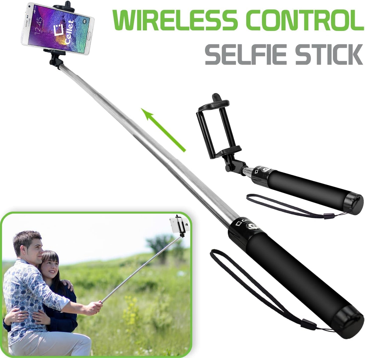 Cellet Selfie Stick Extendable Adjustable, for All Smartphones iPhones, Samsung Galaxy, Google Pixel, Go Pro