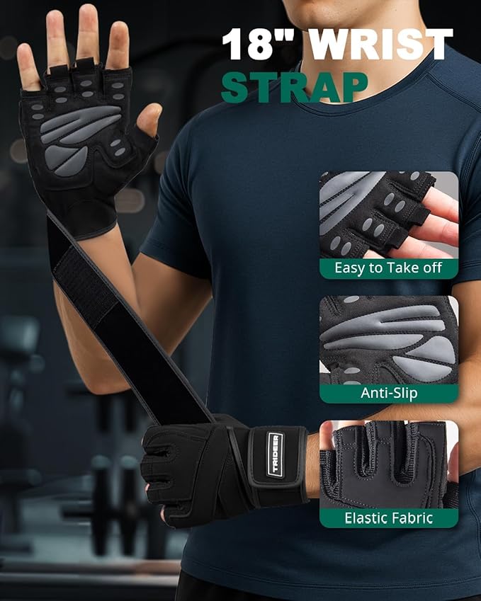 Trideer Workout Gloves for Men, Weight Lifting Gloves with Wrist Wrap Support, Full Palm Protection & Extra Grips for Weightlifting, Exercise, Cross Training, Fitness, Pull-up