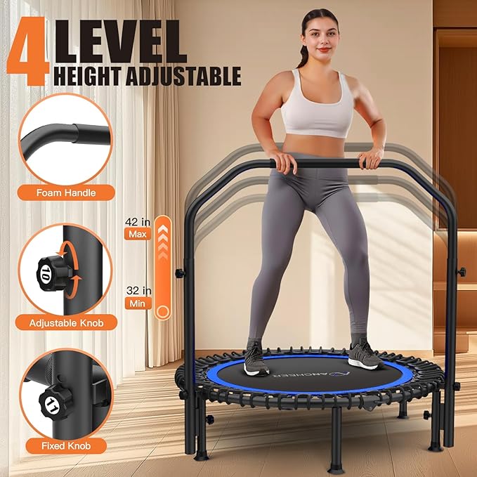 ANCHEER 40"/48" Foldable Rebounder Trampoline for Adults/Kids with Resistance Bands and Bungees, Indoor & Outdoor Mini Trampoline with Bar and Safety Padding - Max Load 450lbs/550lbs