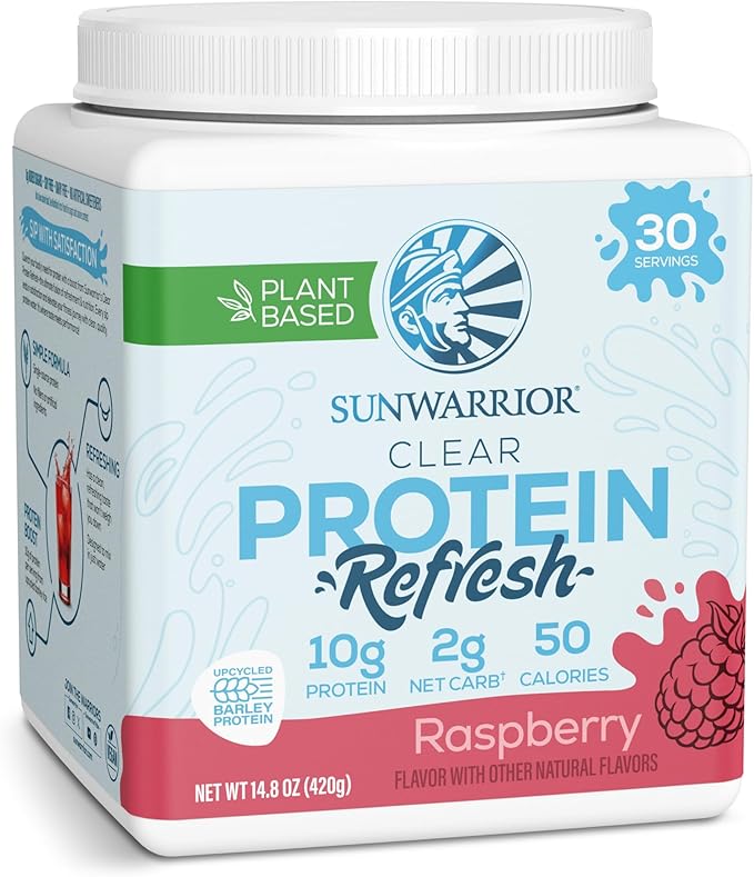 Sunwarrior Clear Protein Powder Plant-Based Water Mix, Vegan and Refreshing Protein and Hydration Supplement 10g Per Serving Raspberry Flavored 420g Tub 30 Servings