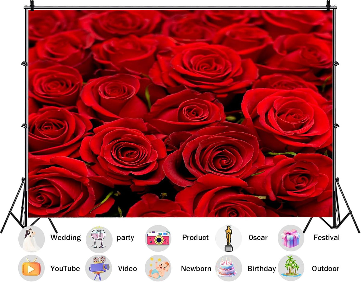 SHDASMIL 10X7ft Fabric Bright Red Roses Close Up Backdrop Fresh Floral Bouquet Background for Valentines Day Wedding