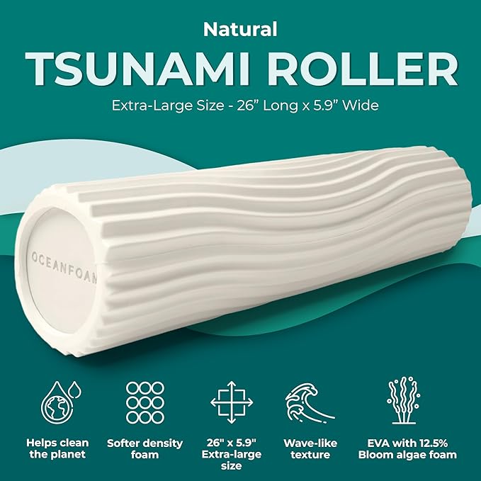 Oceanfoam Tsunami Roller (Natural) - Soft, Textured Foam Roller for Physical Therapy, Back Pain, Exercise & Stretching - Wave Textured - Yoga, Athletics, Wellness - Extra-Large 26" x 5.9"