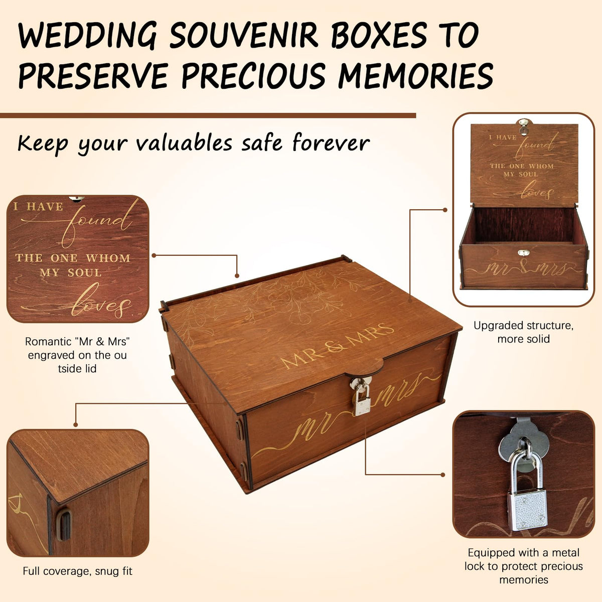 OurWarm Wedding Keepsake Box with Lock, Large Wooden Memory Box for Keepsakes, Wood Decorative Photo Storage Boxes with Lids, Mr and Mrs Personalized Anniversary Engagement Gifts for Couples