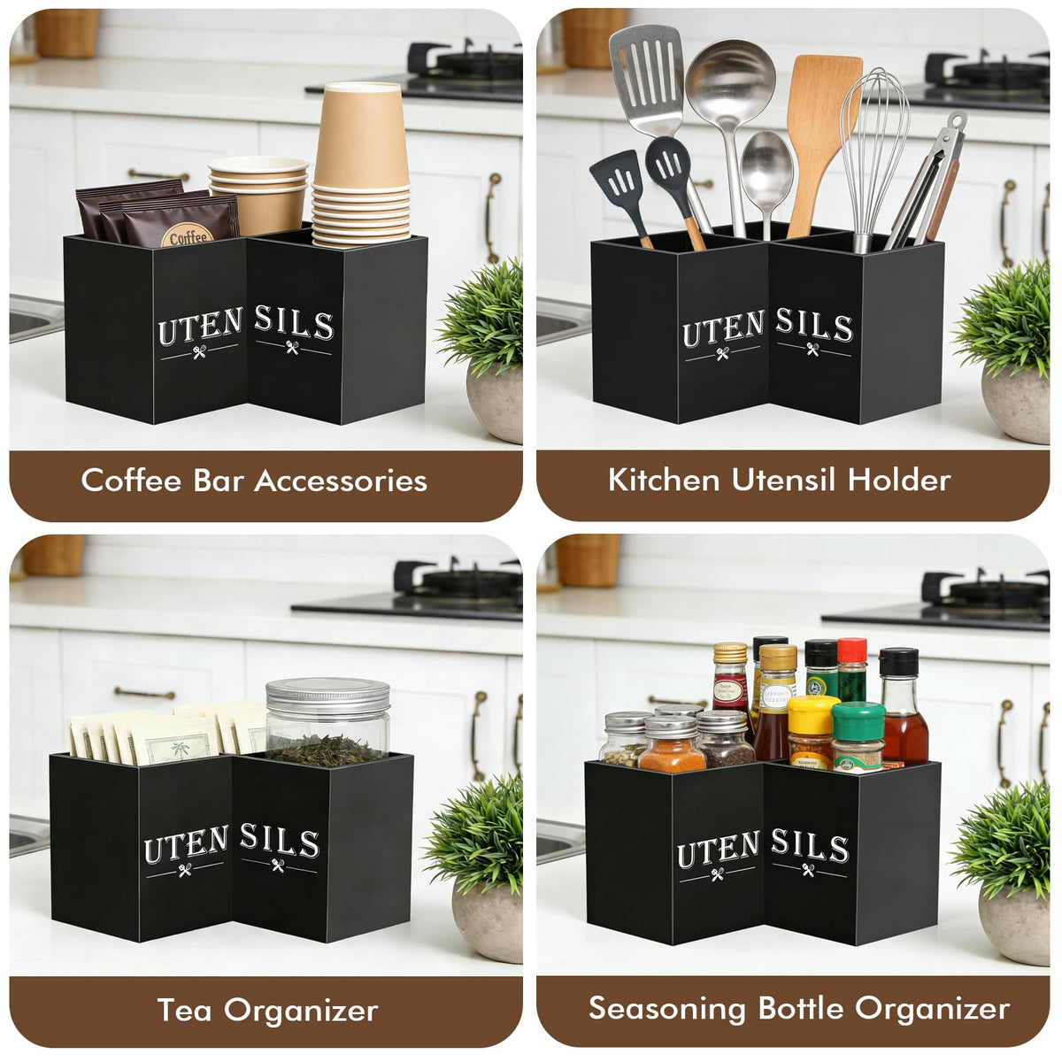 Himake Large kitchen Utensil Holder, Wooden Utensil Organizer for Kitchen Countertop, Spatula and Spoon Cooking Holder with 3 Compartments, Black