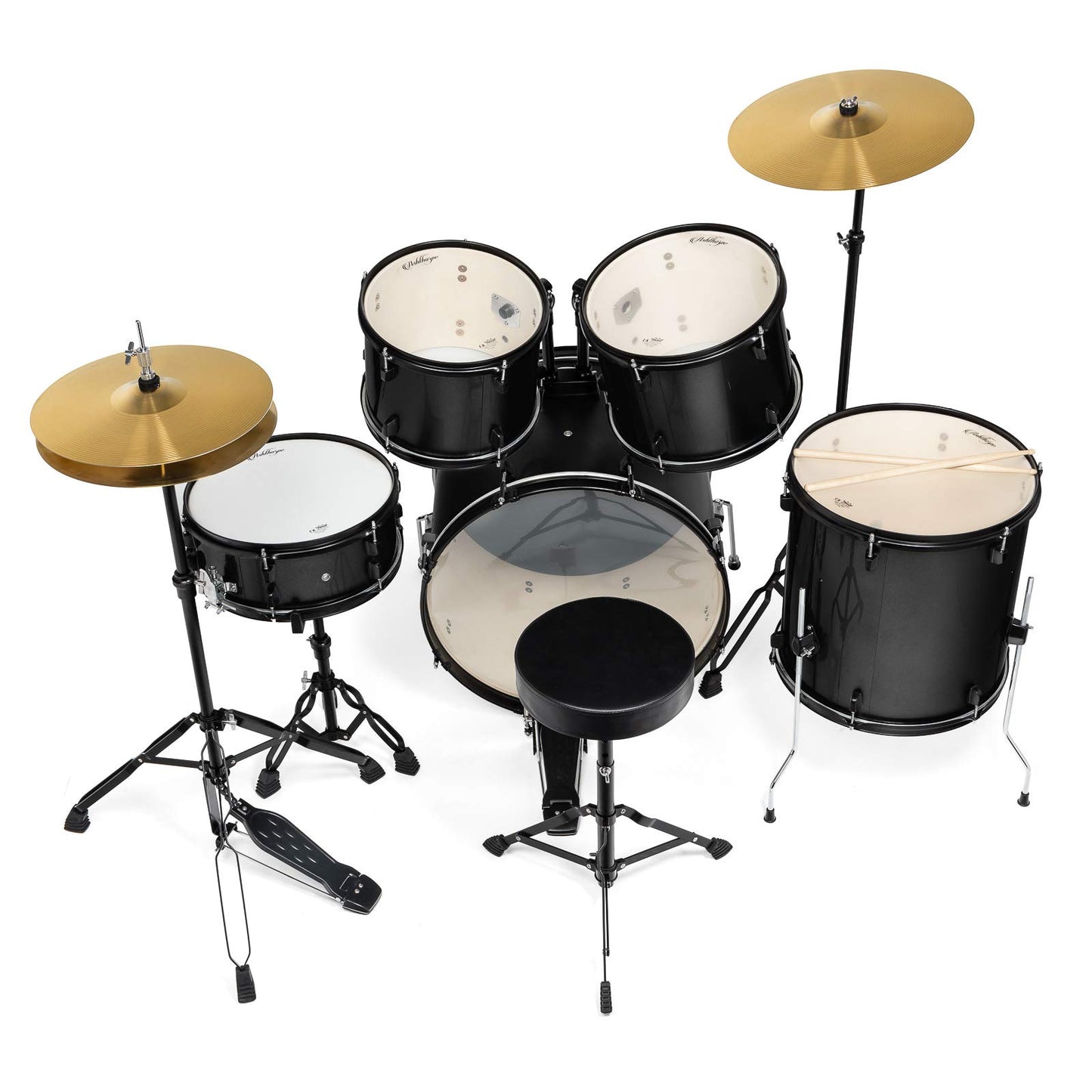 Ashthorpe 5-Piece Complete Full Size Adult Drum Set with Remo Batter Heads - Black