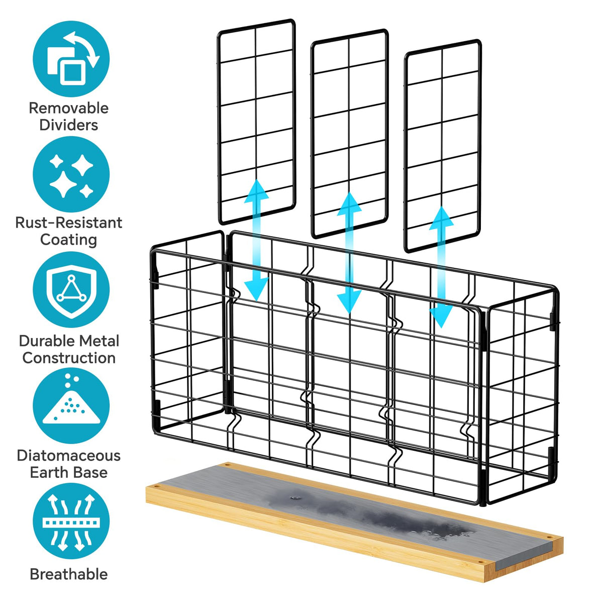 NiHome Metal Kitchen Utensil Holder with Diatomaceous Earth Base, Fast Drying & Odor Control, Large 4-Compartment Utensil Caddy for Spatulas, Tongs, Whisks, Rustproof Organizer with No Scratch Bottom
