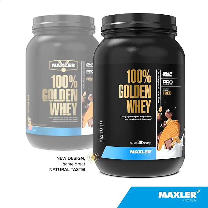 Maxler 100% Golden Whey Protein - 22g Protein per Serving - Premium Whey Protein Powder for Pre Post Workout - Fast-Absorbing Whey Concentrate Isolate Hydrolysate Blend - Chocolate Peanut Butter 2 lb