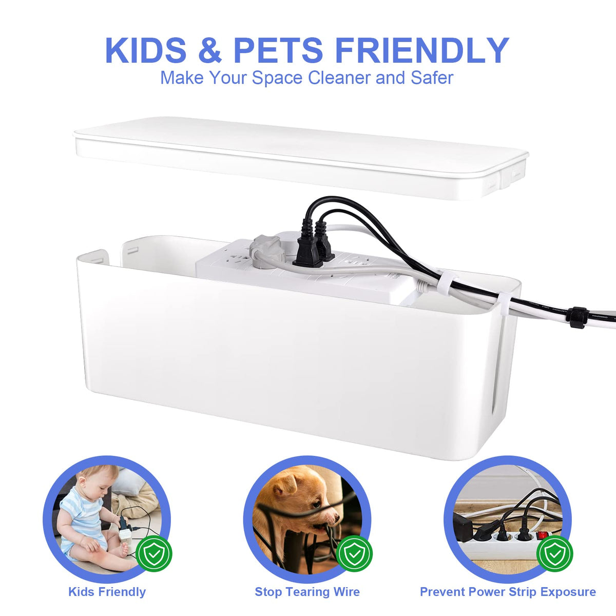 Cable Organizer Box Set of Three, Power Cover Cord Holder Surge Protector for Desk (White)