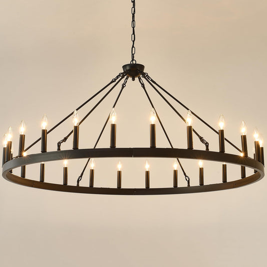 JTYP 53 Inch Large Black Farmhouse Wagon Wheel Chandelier,24-Light Round Industrial Pendant Light fixtures for Outdoor Porch high Ceilings Living Dining Room Foyer Entryway
