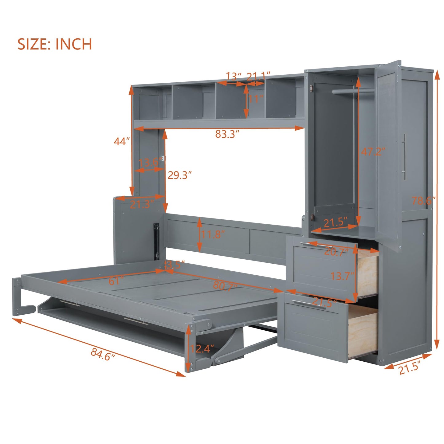 Merax Queen Size Murphy Bed, Wall with Closet and Drawers, Storage Space Saving Muti-Functional Beds Frame for Home Office Guest Room, Gray