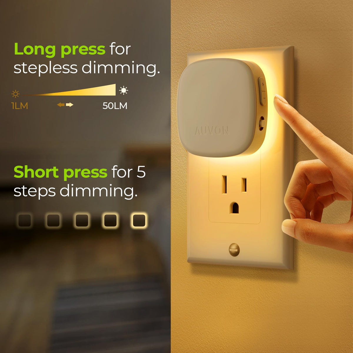 AUVON Plug-in LED Backlit Night Light with Motion Sensor & Dusk to Dawn Sensor, Dimmable Warm White Nightlight with 1-50 lm Adjustable Brightness for Bedroom, Bathroom, Stairs, Hallway (4 Pack)
