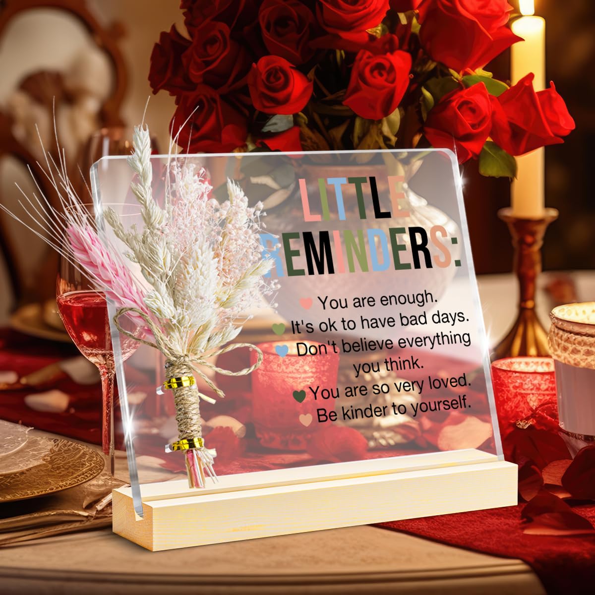 Inspirational Motivational Gifts Little Reminders You are Enough Clear Desk Decorative Sign, Bouquet Acrylic Sign With Wooden Stand for Office Desk Table Shelf
