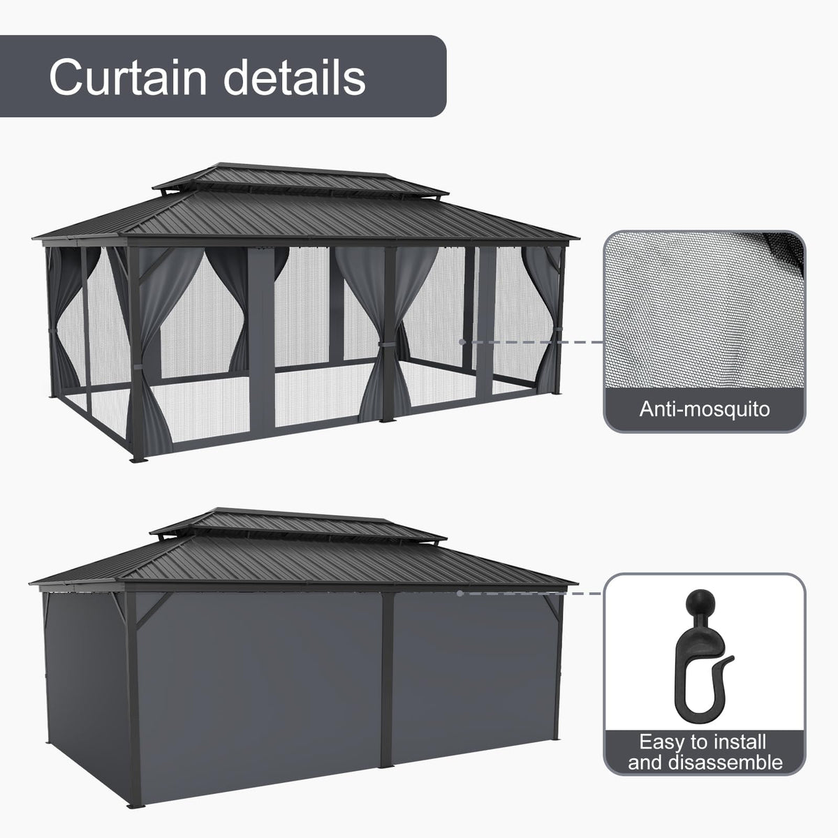 12x20 ft Hardtop Gazebo with Extra Overhang Design, Permanent Aluminum Gazebo with Double Galvanized Steel Roof, Outdoor Pavilion with Mosquito Netting and Privacy Curtains for Patio Backyard Garden