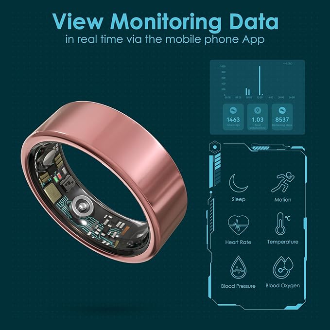 Smart Ring Health Monitoring 5ATM Waterproof Fitness Tracker with Glossy Titanium Surface Blood Oxygen/Sleep/Stress Tracking Women?™s Cycle Prediction Sport Ring Compatible with iOS/Android Black 12