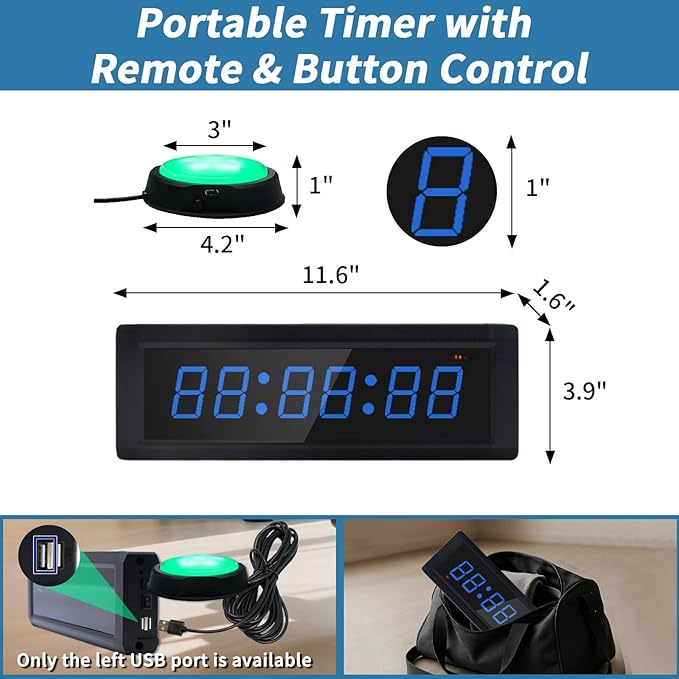 Gym Timer Clock with Remote Control & Wired Start/Stop Button,7 RGB Color, Programmable Interval Timer, Countdown/Up Stopwatch,Wall Clock for Home Gym Garage,Portable Training Accessories