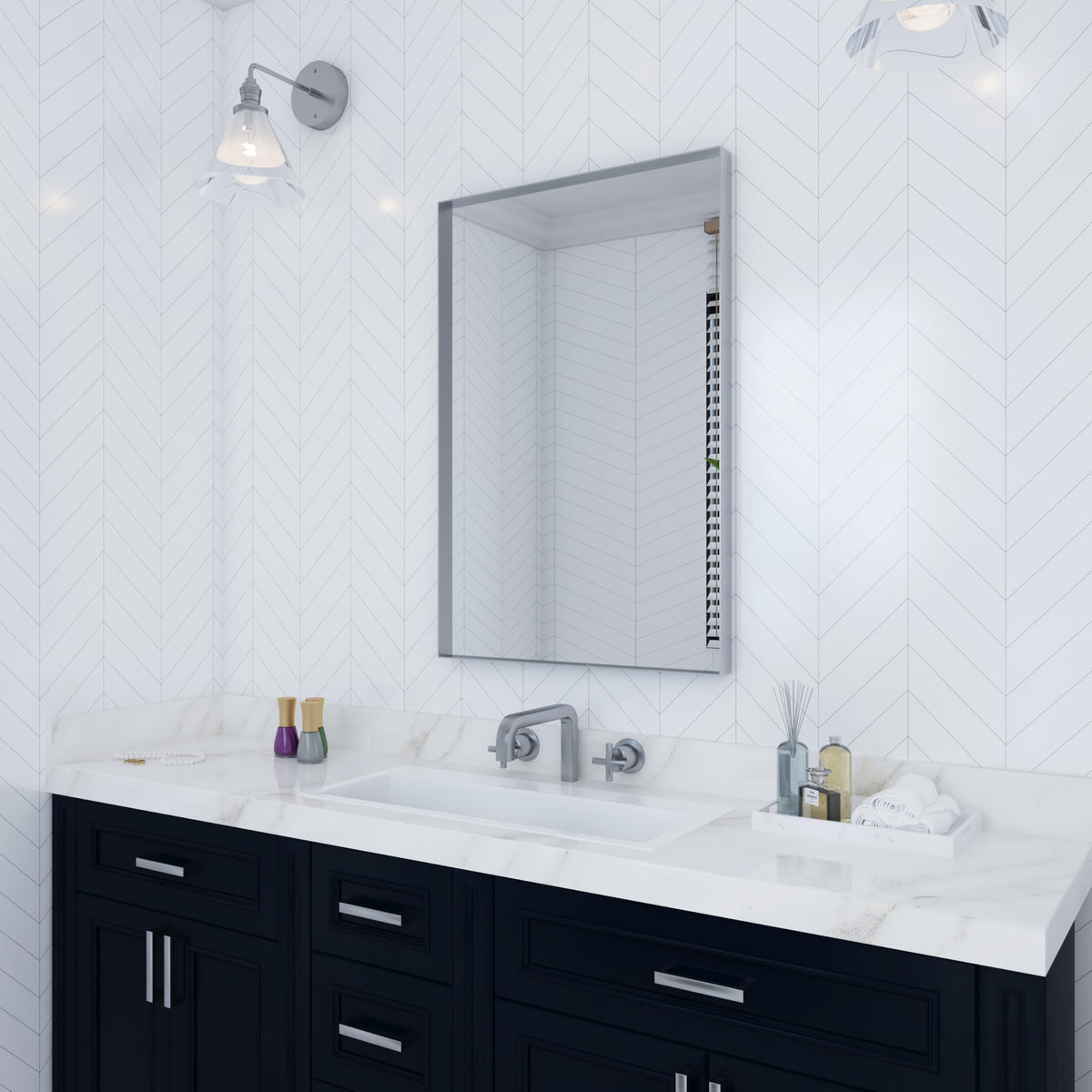 VocalStar 24 x 36 Inch Silver Bathroom Mirror for Wall, Square Corner Rectangle Nickel Metal Framed Bathroom Vanity Mirrors, 1/4-inch Shatterproof Glass | Ultra-Flush Hanging