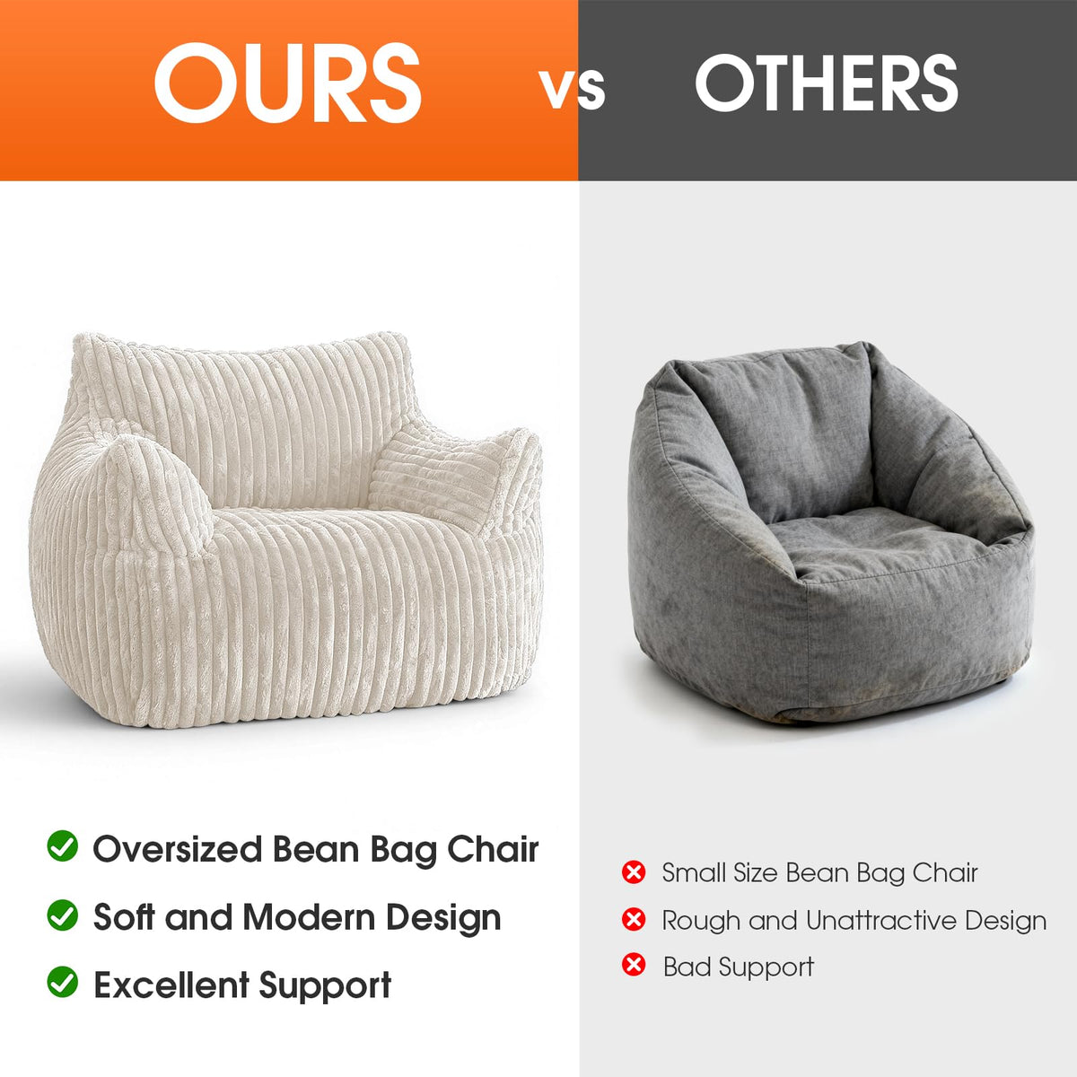 HarborHue Giant Bean Bag Chair with Ottoman, Oversized Memory Foam Bean Bag Sofa for Adults and Kids, Large Comfy Fluffy Single Lounges Mini Couch for Living Room, Bedroom & Dorm(Beige)