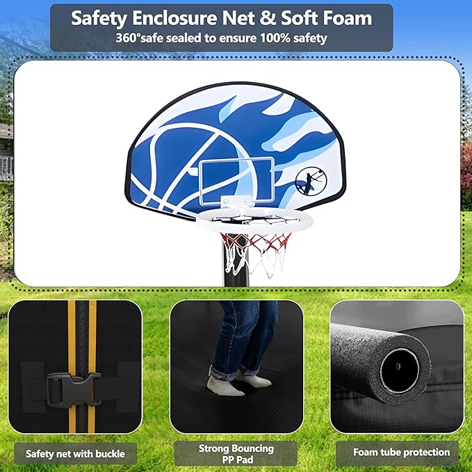 Upgraded 10/12/14/15/16FT Trampoline Outdoor, Large Kids Trampoline with Light, Stakes, Sprinkler, Backyard Trampoline with Basketball Hoop and Net, Capacity for 4-6 Kids and Adults