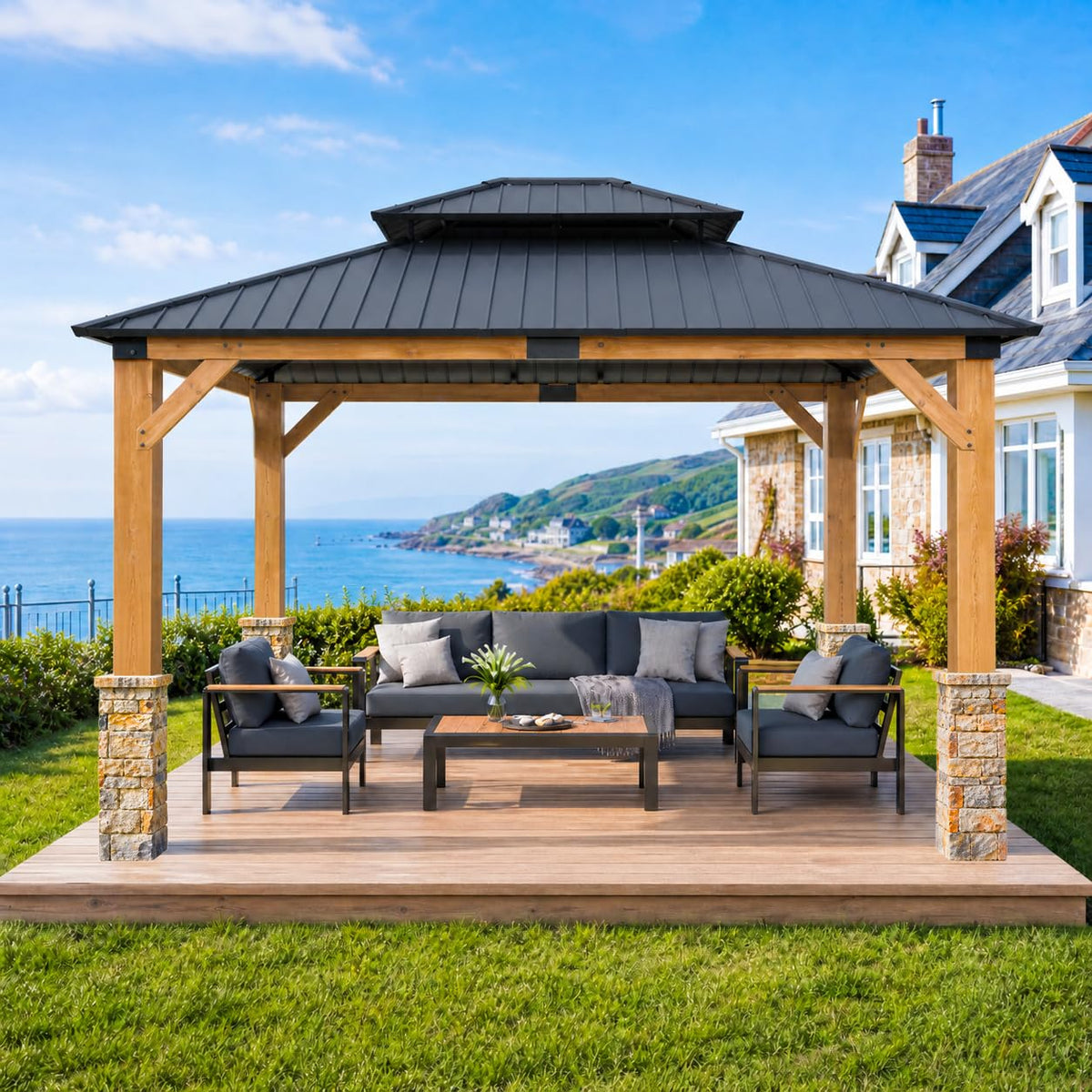 10' x 12' Wood Gazebo, Permanent Pavilion with Hardtop Galvanized Steel Double Roof, Cedar Gazebo with 4.72" Thickened Wooden Posts for Poolside, Patio, Backyard, Garden and Deck
