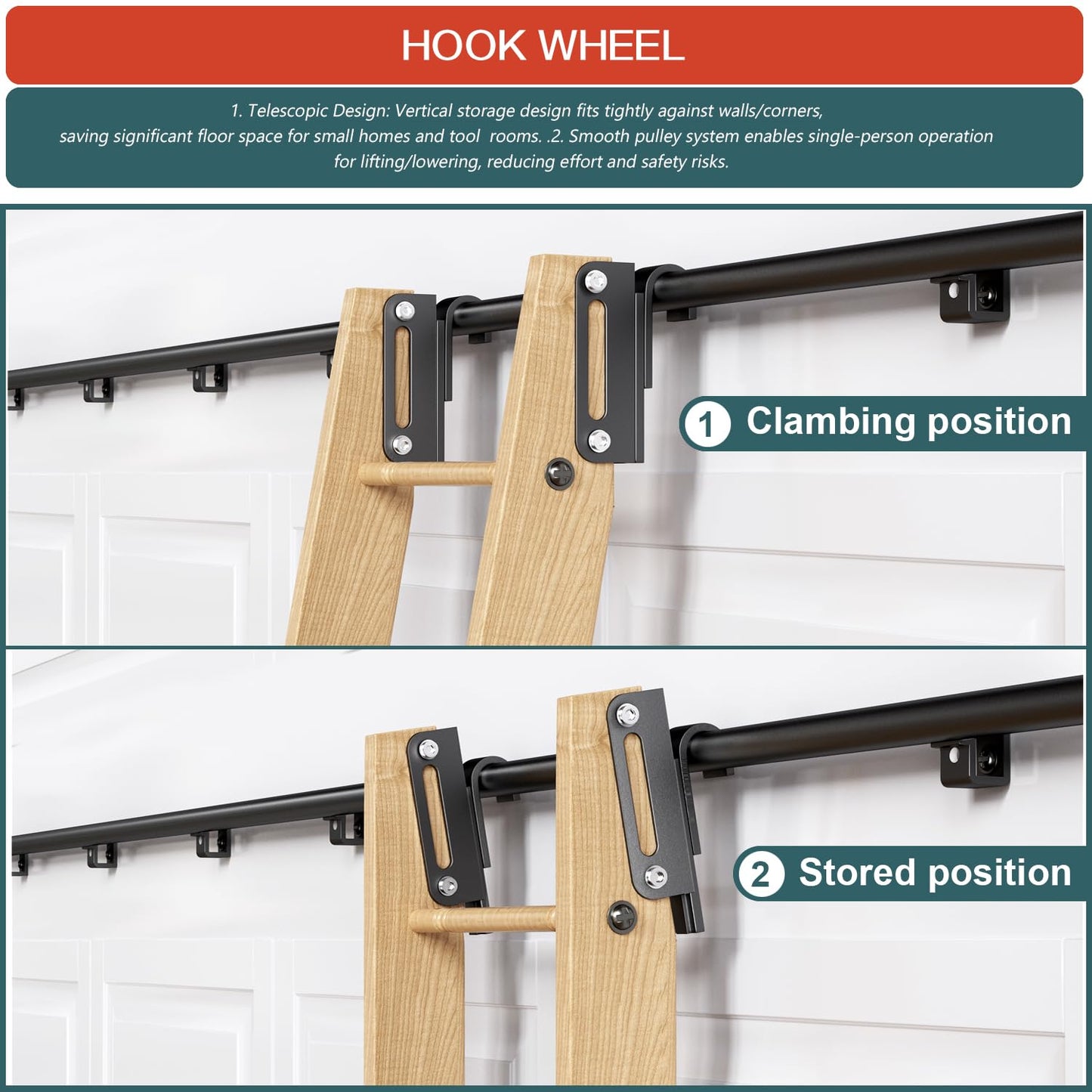 104RDHOUSE 12FT Sliding Library Ladder Hardware Kit,Black Telescopic Top Hook,Bottom Wheel with Brake,MAX Load 300lbs,No Ladder