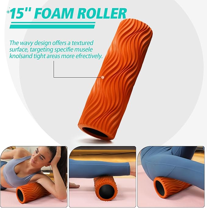 5-in-1 Foam Roller Set, Massage Roller Stick, Massage Ball, Resistance Band for Deep Muscle Massage, Trigger Point Release, Pilates, Yoga (Orange-Wave)