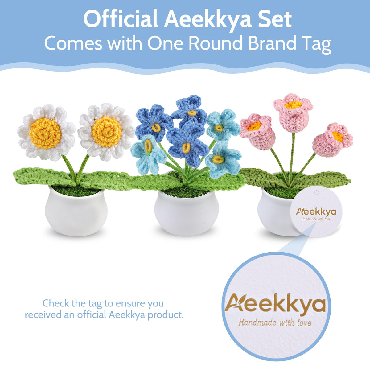 Aeekkya 3pcs Crochet Flowers Pot, Cute Handmade Crochet Flower Desk Decor with Sunflower, Lily of the Valley, Forget Me Not, Gift for Women, Mom, Teacher, Friend, Birthday, Mother’s Day, Thank You