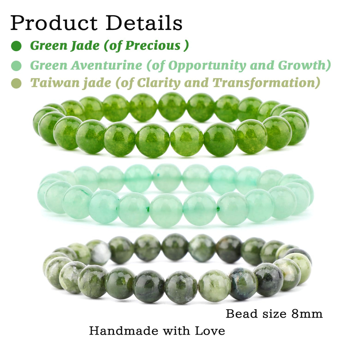 NCB 3-Piece 8mm Natural Crystal Gemstone Stretch Bracelets – ﻿Green Jade, Green Aventurine, Taiwan Jade Handmade Reiki Energy Healing Jewelry for Meditation,Yoga, Unisex