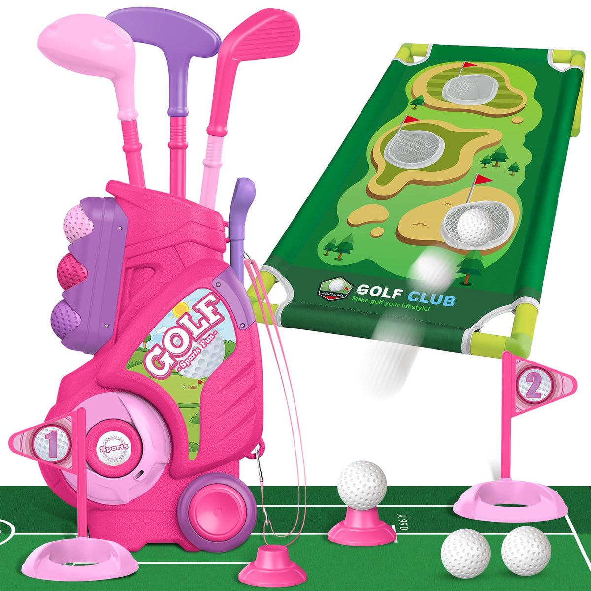 Liberry Toddler Golf Set for 2 3 4 Years Old Girls Boys, Upgraded Kids Golf Cart with Golf Cornhole Board & Putting Mat, Indoor and Outdoor Golf Toys Birthday Gift, Pink
