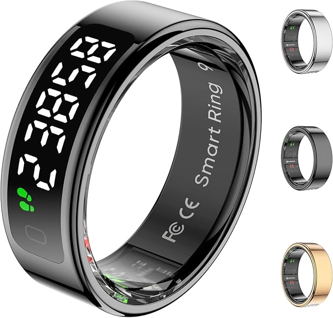 Smart Rings for Men with Display Screen, Fitness Ring with Wireless Charging, Sleep Tracker Ring with Heart Rate, Health Rings for Activity Monitoring/Steps/Calories, for iOS Android (Black,12#)