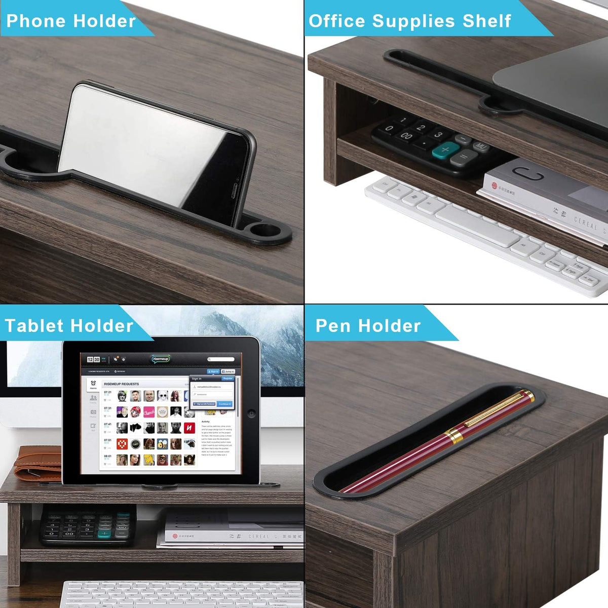Management,2 VECELO Wood Computer Monitor Stand Riser,TV/Laptop/Printer/PC Desk Shelf with Cellphone Holder and Cable