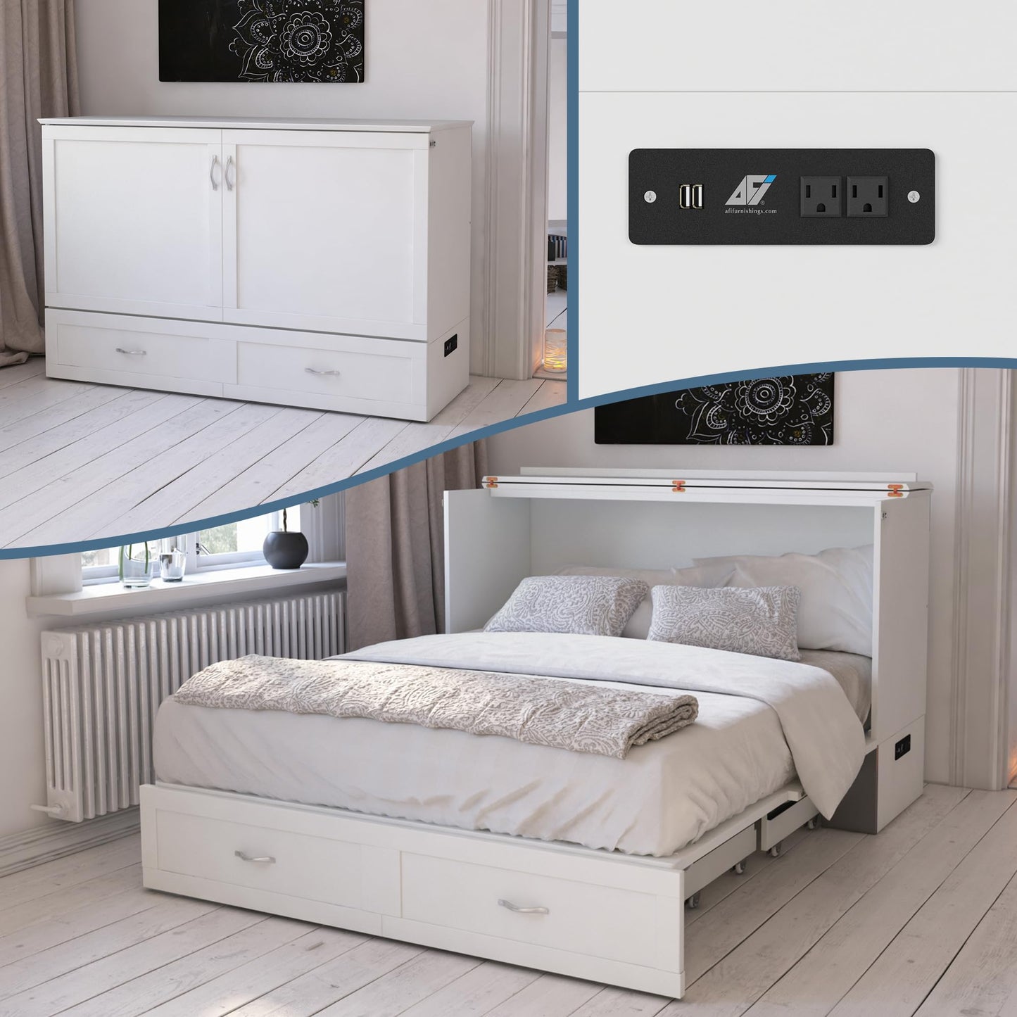 AFI Hamilton Queen Murphy Bed Chest with Mattress, Storage, and Built-in Charger in White