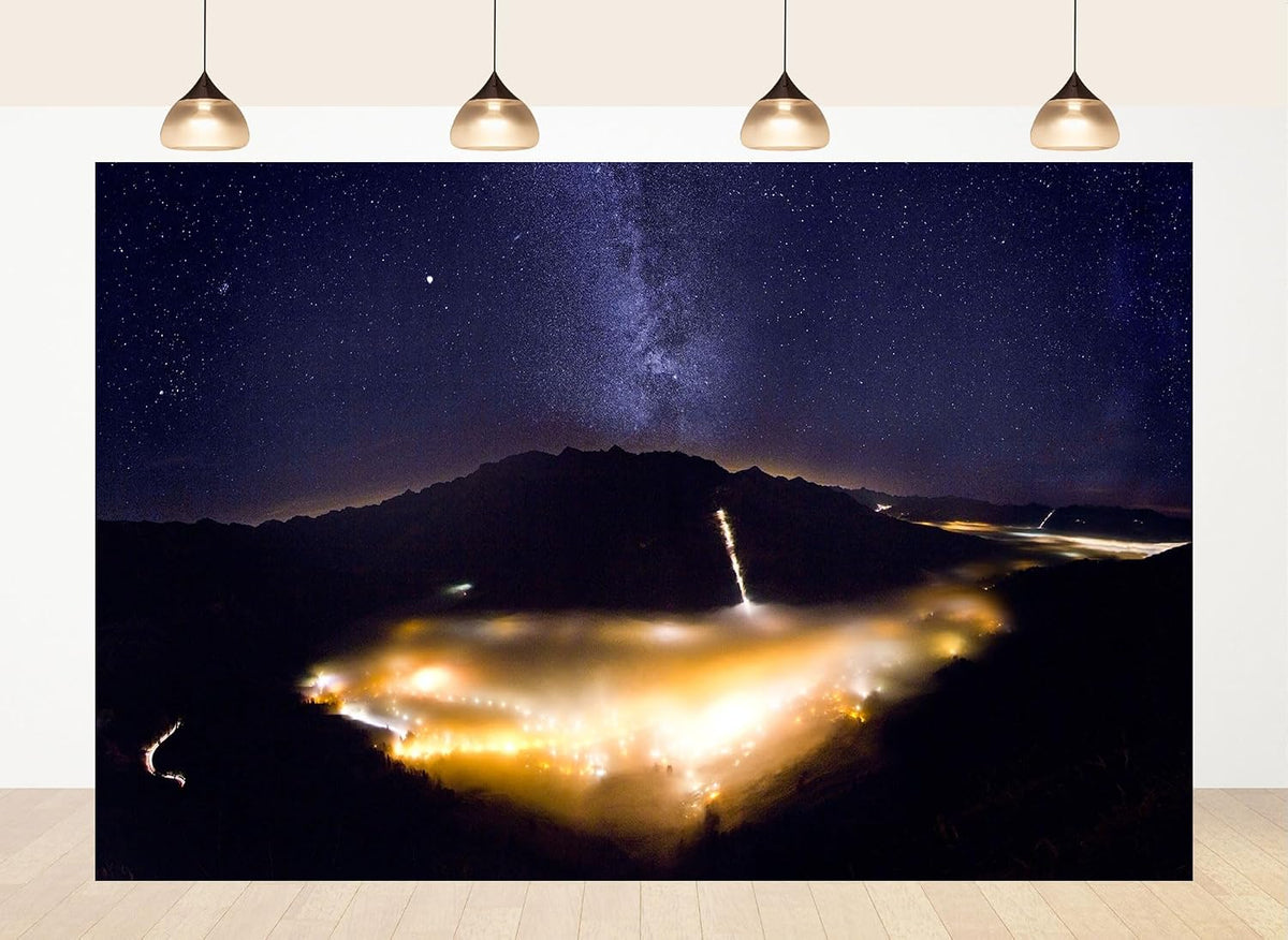 LidyMini 8x8ft Fabric Alpine Valley Starry Night Backdrop Milky Way Foggy Town Lights Photography Background Mountain