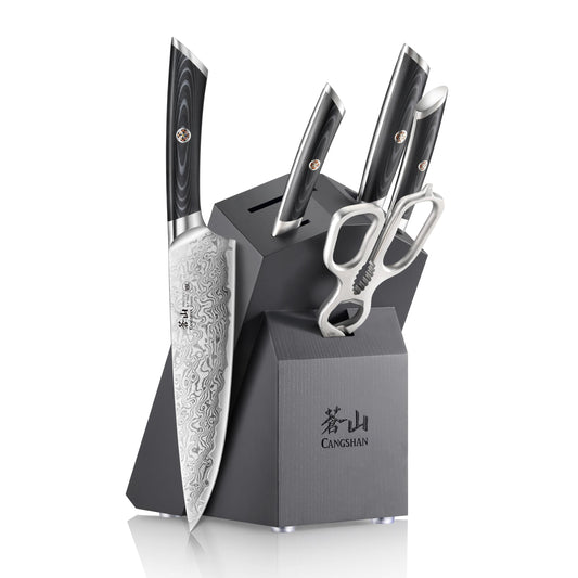 Cangshan KURO Series 6-Piece Knife Block Set, High Carbon X-7 Damascus Steel, Gray, 504333
